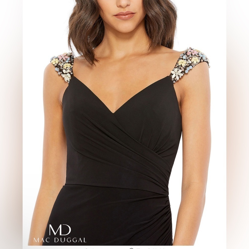 Mac Duggal Floral Strap High Slit Black Maxi Dress Size 0 Stretch 77830 Formal - Picture 4 of 12